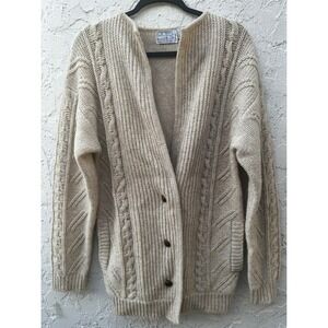Vintage Peter G's General Stores Wool Cable Knit Cardigan Beige Mens Medium